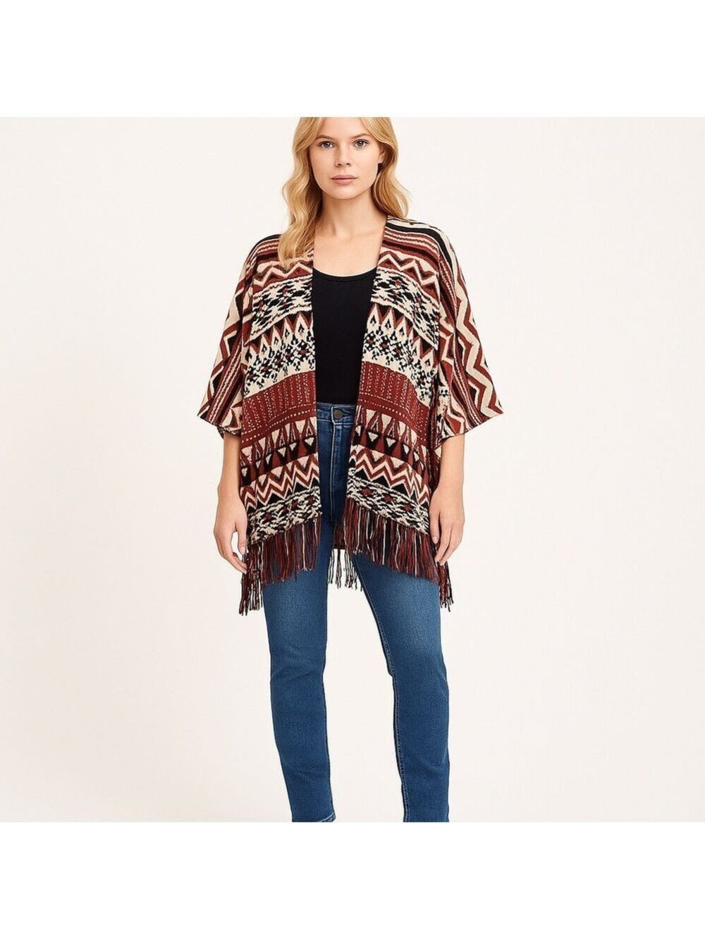 SOUTHWESTERN Ruana poncho Boho fringe 100% cotton cardigan shale one size shrug